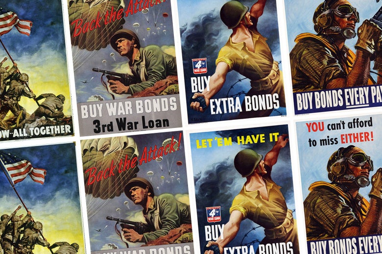 A grid of war bonds posters from World War II